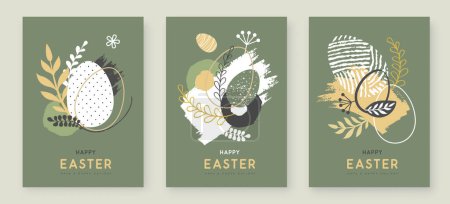 Téléchargez les illustrations : Set of Happy Easter greeting cards with Easter eggs and floral decorative elements. Flat style. Set of Modern Easter covers. Vector illustration - en licence libre de droit