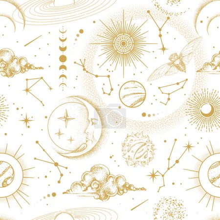 Illustration for Modern magic witchcraft  astrology seamless pattern with sun, stars, planets and outer space. Astrology background. Vecto illustration - Royalty Free Image