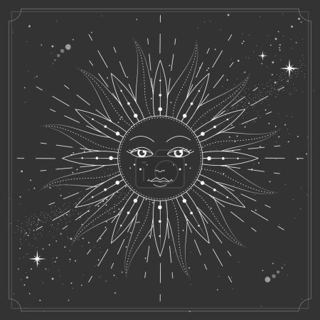 Ilustración de Tarjeta mágica moderna de la brujería con el signo del sol de la astrología con la cara humana.Vecto ilustración del sol con la cara humana - Imagen libre de derechos