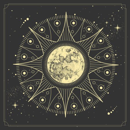 Moderne Zauberkarte mit Astrologie-Vollmond. Realistische Handzeichnung Illustration des Mondes
