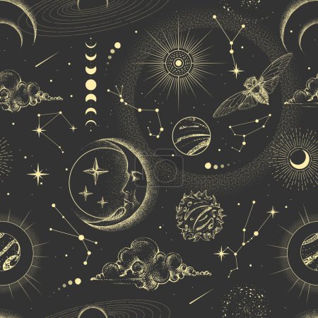 Ilustración de Modern magic witchcraft  astrology seamless pattern with sun, stars, planets and outer space. Astrology background. Vecto illustration - Imagen libre de derechos