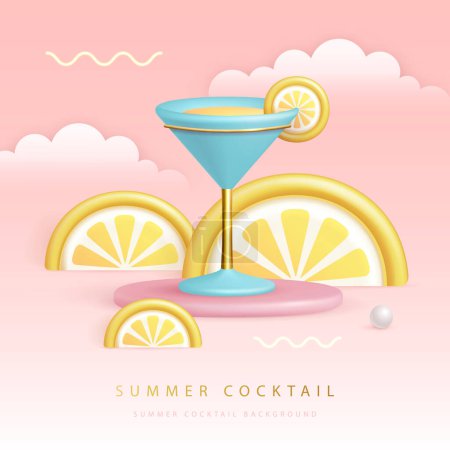 Illustration for Summer cocktail  party poster with 3D plastic cosmopolitan cocktail and tropic fruits. Vector illustration - Royalty Free Image