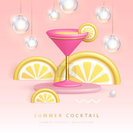 Ilustración de Cartel de cóctel de verano con cóctel cosmopolita de plástico 3D, frutas tropicales y lámparas eléctricas. Ilustración vectorial - Imagen libre de derechos