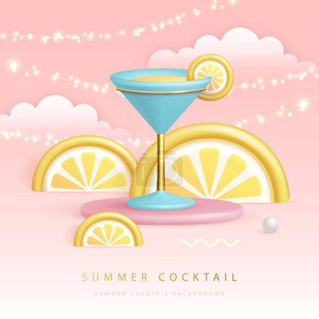 Illustration for Summer cocktail  party poster with 3D plastic cosmopolitan cocktail, tropic fruits and string of lights. Vector illustration - Royalty Free Image