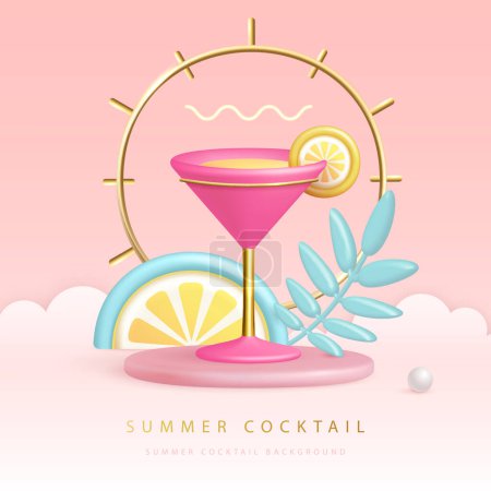 Téléchargez les illustrations : Cocktail d'été affiche avec cocktail en plastique 3D, fruits tropicaux et feuilles tropiques. Illustration vectorielle - en licence libre de droit