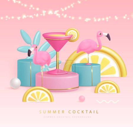 Illustration for Summer cocktail party poster with 3D plastic cocktail, tropic fruits and flamingo. Summer background. Vector illustration - Royalty Free Image