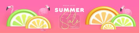 Illustration for Summer big sale typography poster with 3d plastic flamingo and tropic fruits. Summer background. Vector illustration. - Royalty Free Image