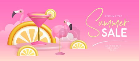 Illustration for Summer big sale typography poster with 3d plastic flamingo, tropic fruits and cosmopolitan cocktail. Summer background. Vector illustration. - Royalty Free Image