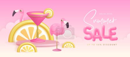 Illustration for Summer big sale typography poster with 3d plastic text, flamingo and cosmopolitan cocktail. Summer background. Vector illustration. - Royalty Free Image