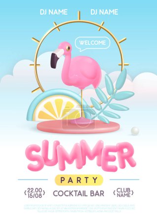 Ilustración de Cartel de tipografía de fiesta disco de verano con texto plástico en 3D, flamenco y hojas tropicales. Ilustración vectorial - Imagen libre de derechos