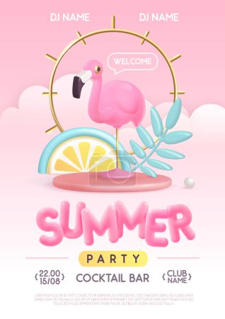 Illustration for Summer disco party typography poster with 3D plastic text, flamingo and tropic leaves. Vector illustration - Royalty Free Image
