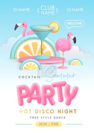 Téléchargez les illustrations : Poster typographique de cocktail d'été avec texte en plastique 3D, cocktail, fruits tropicaux et flamant rose. Illustration vectorielle - en licence libre de droit