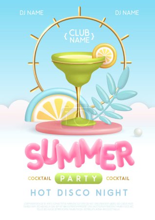 Ilustración de Cartel de tipografía de fiesta de cóctel de verano con texto plástico en 3D, cóctel y frutas tropicales. Ilustración vectorial - Imagen libre de derechos