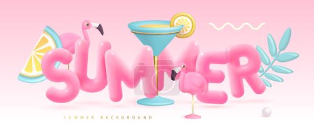Téléchargez les illustrations : Cocktail d'été affiche de typographie de fête disco avec texte en plastique 3D, cocktail, feuilles tropiques et flamant rose. Illustration vectorielle - en licence libre de droit