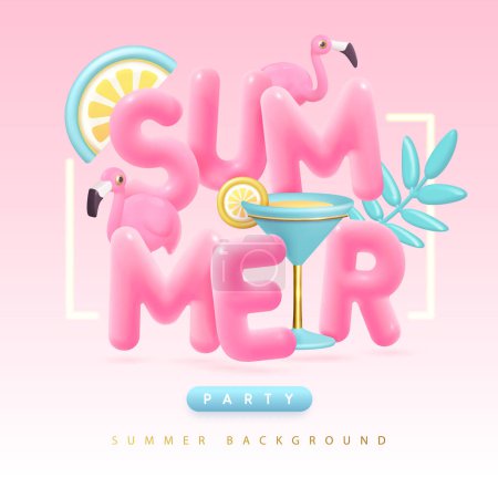 Téléchargez les illustrations : Cocktail d'été affiche de typographie de fête disco avec texte en plastique 3D, cocktail, feuilles tropiques et flamant rose. Illustration vectorielle - en licence libre de droit