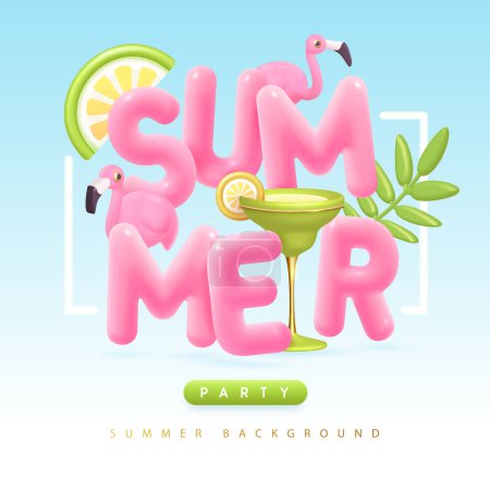 Illustration for Summer cocktail disco party typography poster with 3D plastic text, cocktail, tropic leaves and flamingo. Vector illustration - Royalty Free Image