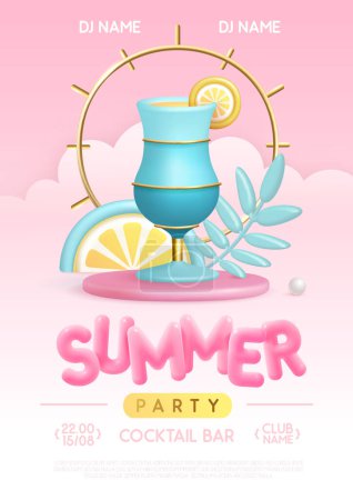 Ilustración de Cartel de tipografía de fiesta de cóctel de verano con texto plástico en 3D, cóctel y frutas tropicales. Ilustración vectorial - Imagen libre de derechos
