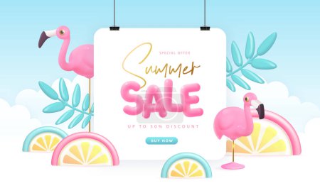Illustration for Summer big sale typography poster with 3d plastic text, flamingo and tropic leaves. Summer background. Vector illustration. - Royalty Free Image