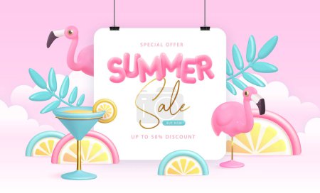 Illustration for Summer big sale typography poster with 3d plastic text, flamingo and cosmopolitancocktail. Summer background. Vector illustration. - Royalty Free Image