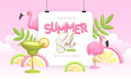 Photo for Summer big sale typography poster with 3d plastic text, flamingo and cocktail. Summer background. Vector illustration. - Royalty Free Image