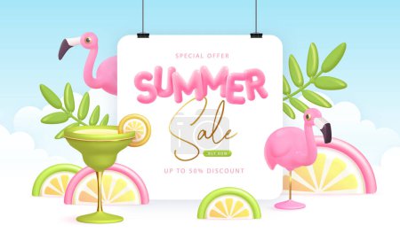 Illustration for Summer big sale typography poster with 3d plastic text, flamingo and cocktail. Summer background. Vector illustration. - Royalty Free Image