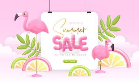 Illustration for Summer big sale typography poster with 3d plastic text, flamingo and tropic leaves. Summer background. Vector illustration. - Royalty Free Image