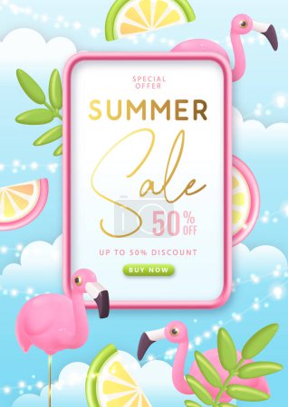 Illustration for Summer big sale typography poster with tropic fruits, flamingo and tropic leaves. Summer background. Vector illustration. - Royalty Free Image