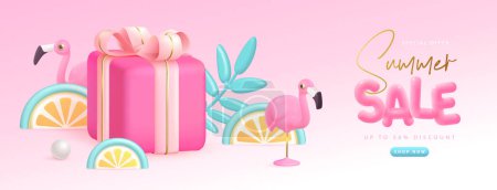 Illustration for Summer big sale typography poster with 3d plastic text, flamingo and gift box. Summer background. Vector illustration. - Royalty Free Image