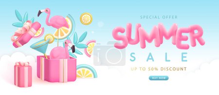 Summer big sale typography poster with 3d plastic text, flamingo and gift box. Summer background. Vector illustration.