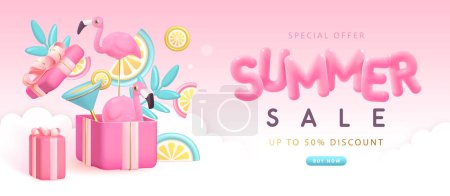 Illustration for Summer big sale typography poster with 3d plastic text, flamingo and gift box. Summer background. Vector illustration. - Royalty Free Image