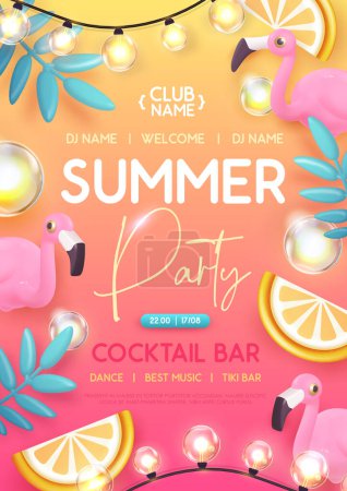 Illustration for Summer disco party typography poster with 3D plastic flamingo, electric lamps and tropic leaves. Vector illustration - Royalty Free Image