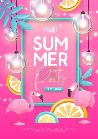 Illustration for Summer disco party typography poster with 3D plastic flamingo, electric lamps and tropic leaves. Vector illustration - Royalty Free Image