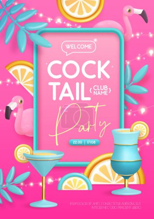 Ilustración de Cartel de tipografía de fiesta de cóctel de verano con flamingo plástico 3D, cóctel y hojas tropicales. Ilustración vectorial - Imagen libre de derechos