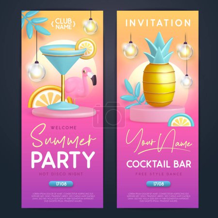 Téléchargez les illustrations : Affiche de typographie de fête de cocktail d'été avec flamant rose en plastique 3D, cocktail et ananas. Invitation design. Illustration vectorielle - en licence libre de droit