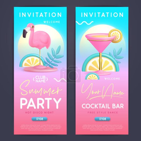 Téléchargez les illustrations : Cocktail d'été affiche de typographie de fête disco avec cocktail en plastique 3D, feuilles tropiques et flamant rose. Invitation design. Illustration vectorielle - en licence libre de droit