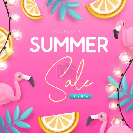 Illustration for Summer big sale typography poster with 3d plastic flamingo, tropic fruits and tropic leaves. Summer background. Vector illustration. - Royalty Free Image