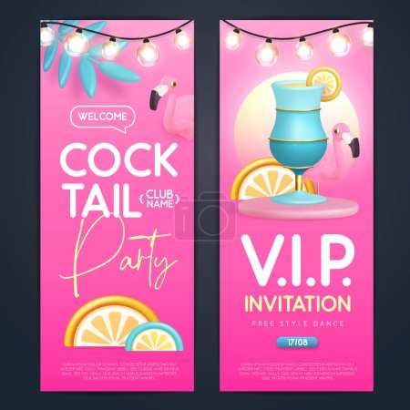 Téléchargez les illustrations : Cocktail d'été affiche de fête disco avec flamant rose en plastique 3D, cocktail et chaîne de lumières. Invitation design. Illustration vectorielle - en licence libre de droit