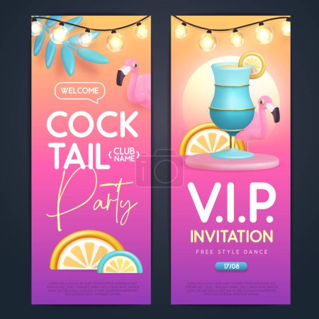Illustration for Summer cocktail disco party poster with 3D plastic flamingo, cocktail and string of lights. Invitation design. Vector illustration - Royalty Free Image