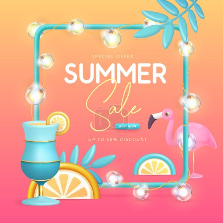 Illustration for Summer big sale typography poster with 3d plastic flamingo and blue lagoon cocktail. Summer background. Vector illustration - Royalty Free Image
