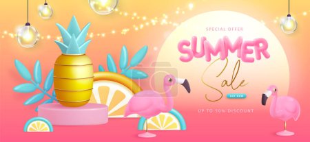 Illustration for Summer big sale typography poster with 3d plastic text, flamingo and pineapple. Summer background. Vector illustration - Royalty Free Image