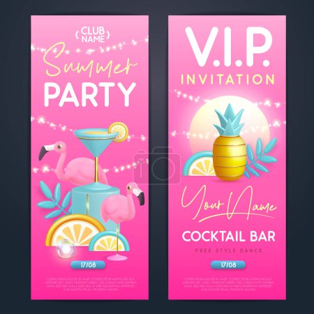 Illustration for Summer cocktail disco party typography poster with 3D plastic flamingo, cocktail and pineapple. Invitation design. Vector illustration - Royalty Free Image