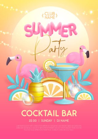 Téléchargez les illustrations : Poster de typographie de fête de cocktail d'été avec texte en plastique 3D, flamant rose, cocktail et feuilles tropiques. Illustration vectorielle - en licence libre de droit