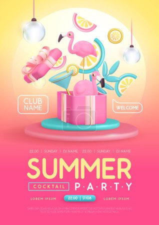 Illustration for Summercocktail disco party poster with 3D plastic cocktail, tropic leaves and flamingo. Vector illustration - Royalty Free Image