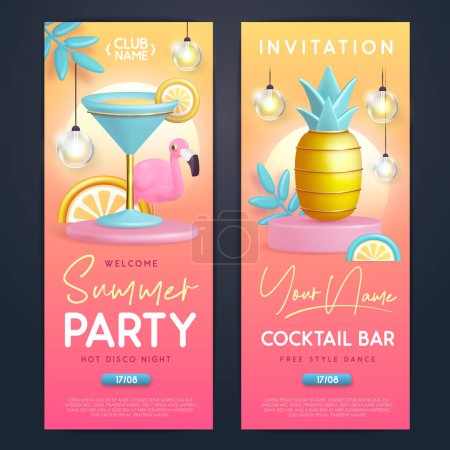 Téléchargez les illustrations : Affiche de typographie de fête de cocktail d'été avec flamant rose en plastique 3D, cocktail et ananas. Invitation design. Illustration vectorielle - en licence libre de droit