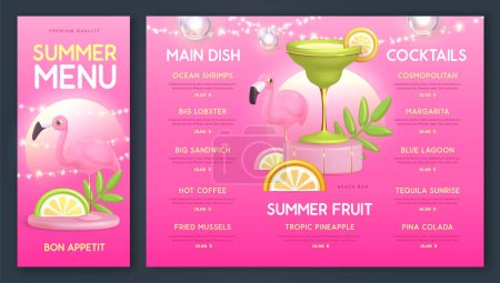 Téléchargez les illustrations : Restaurant design de menu d'été avec cocktail en plastique 3D, fruits tropicaux et flamant rose. Illustration vectorielle - en licence libre de droit