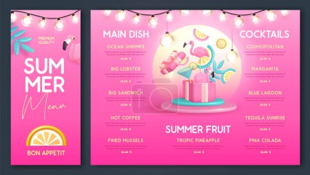 Ilustración de Restaurante de diseño de menú de verano con cóctel de plástico 3D, frutas tropicales y flamenco. Ilustración vectorial - Imagen libre de derechos
