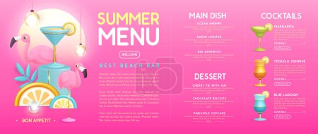 Illustration for Restaurant summer menu design with 3D plastic cocktails, tropic fruits and flamingo. Vector illustration - Royalty Free Image