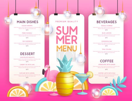 Illustration for Restaurant summer menu design with 3D plastic cocktail, pineapple and flamingo. Vector illustration - Royalty Free Image
