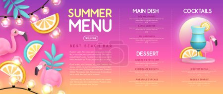 Téléchargez les illustrations : Restaurant design de menu d'été avec cocktail en plastique 3D, fruits tropicaux et flamant rose. Illustration vectorielle - en licence libre de droit