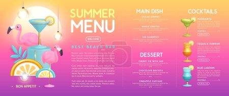 Téléchargez les illustrations : Restaurant design de menu d'été avec cocktails en plastique 3D, fruits tropicaux et flamant rose. Illustration vectorielle - en licence libre de droit
